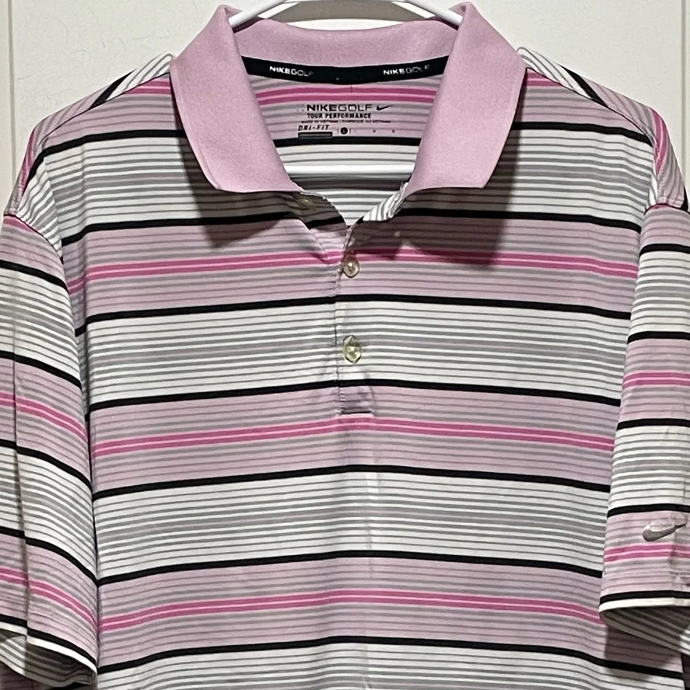 Nike Golf Tour Performance Dri-FIT Sz Large Pink White Black Stripe Sporty Polo